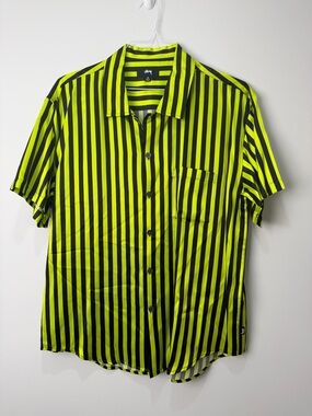 Men's Stussy Size M Silk Short Sleeve Hawaiian Shirt Black/Green Oversized